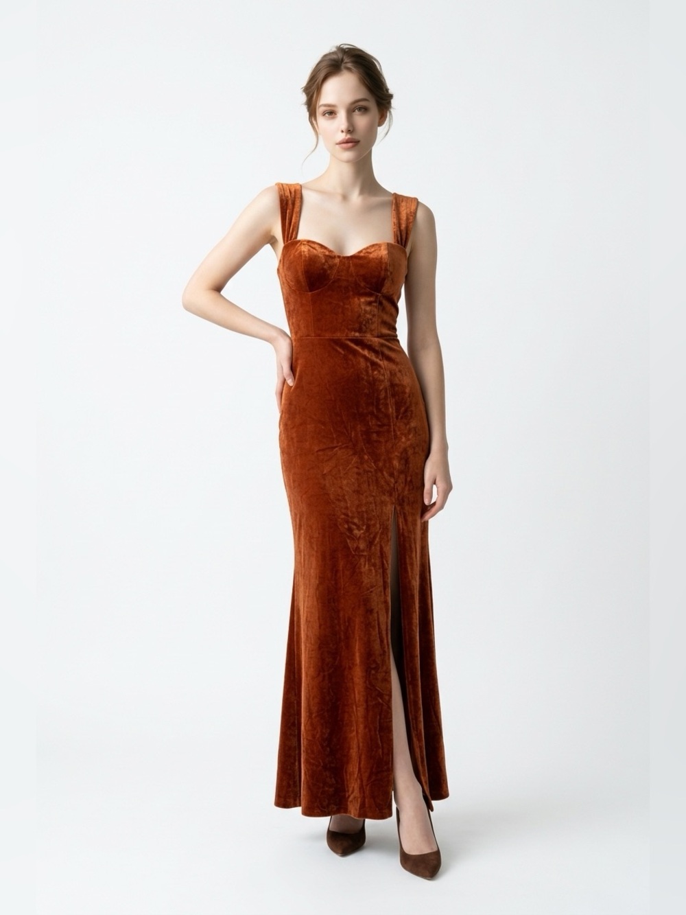 Azazie Rust Velvet Maxi Dress with Wide Straps